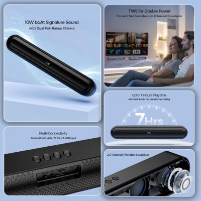 boAt Aavante Bar 490 10W Signature Sound, Dual Full-Range Drivers,7 HRS Battery, Built-in Mic,2.0 CH, TWS Feature,Multi Connect, Bluetooth Sound Bar, Soundbar Speaker (Classic Black) - Image 2