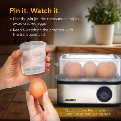 AGARO Grand Egg Boiler and Poacher,2-in1 Boils 8 Eggs, Poach 4 Eggs, Steamed Vegetables, 3 Boiling Modes, Stainless Steel Body, Transparent Lid, 500 Watts, Silver |14 Ounces(414 ml) - Image 5