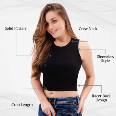 TRASA Women’s Sleeveless Rib Knitted Cotton Racer Back Tank Tops Crew Neck Crop Tops - Available Sizes - XS, S, M, L, XL,2XL - Image 3
