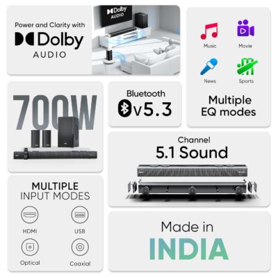 Mivi Fort Q700D Dolby Home Audio | 700W Sound bar, 5.1 Channel Home Theatre, 8-inch subwoofer, 2 Satellite Speakers, 4 Unique Input and 5 EQ Modes, LED Display, Remote Control - Image 2