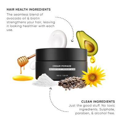 Dasher Cream Pomade For Men's Hair, Medium Hold & Medium Shine Puck, Flexible Hold & Water-Based, Texturizes Hair, With Avocado Oil & Biotin (100g) - Image 3