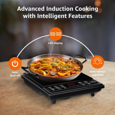 Amazon Basics AB-ICT-CB-1900 1900 Watts Induction Cooktop | LED Display, Overheat Protection and 6 Autocook Functions | Energy Efficient with Auto Shut-off | Black - Image 3