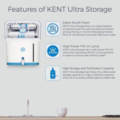KENT Ultra Storage UV Water Purifier (11042) | UV+UF Water Purification | Wall Mountable | 8L Storage | 60 L/hr Output | White - Image 2