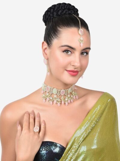 ZAVERI PEARLS Pink Green Stones Beads Kundan Necklace Earring Ring & Maangtikka Set For Women-ZPFK15376 - Image 8