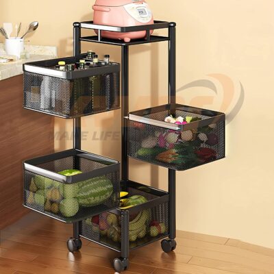 KWER Metal Kitchen Trolley Square Onion Baskets for Storage,Kitchen Accessories Items&Vegetable Basket for Kitchen Organizer Items&Storage Portable Kitchen Accessories with Wheels(Black,Layer-2) - Image 6