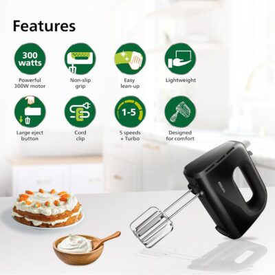 Philips HR3705/10 300 Watt Lightweight Hand Mixer, Blender with 5 speed control settings, stainless steel accessories and 2 years warranty(black color) - Image 2