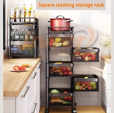 KWER Metal Kitchen Trolley Square Onion Baskets for Storage,Kitchen Accessories Items&Vegetable Basket for Kitchen Organizer Items&Storage Portable Kitchen Accessories with Wheels(Black,Layer-2) - Image 4
