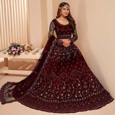 RUKHA FAB Embroidered Semi Stitched Women's Net Chain Stitch Lehenga Choli And Dupatta Set (Free Size) - Image 3