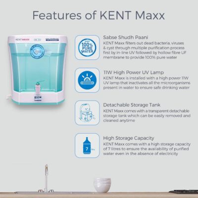 KENT Max UV Water Purifier (11013) | UV+UF Water Purification | Wall Mountable| Transparent Detachable Storage Tank | 7L Storage | 60 L/hr Output | White - Image 2
