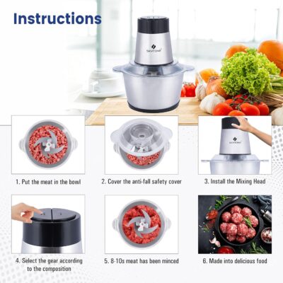 SKYTONE Electric Chopper, Meat Chopper With Stainless Steel Bowl Heavy 700W Motor - 2 Speed Modes For Kitchen Food Processor, Meat, Vegetables, Onion, Mince (Electric, 2 Liter) - Image 6