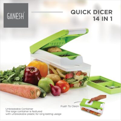Ganesh 14 in 1 Multipurpose Chopper, Fruits & Vegetable Cutters, Grater Peeler Chipser, Unbreakable Food Grade Body, Easy Push to Clean Button Slicer Dicer, Chopper for Kitchen (Green, Plastic) - Image 3