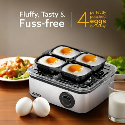 AGARO Grand Egg Boiler and Poacher,2-in1 Boils 8 Eggs, Poach 4 Eggs, Steamed Vegetables, 3 Boiling Modes, Stainless Steel Body, Transparent Lid, 500 Watts, Silver |14 Ounces(414 ml) - Image 4
