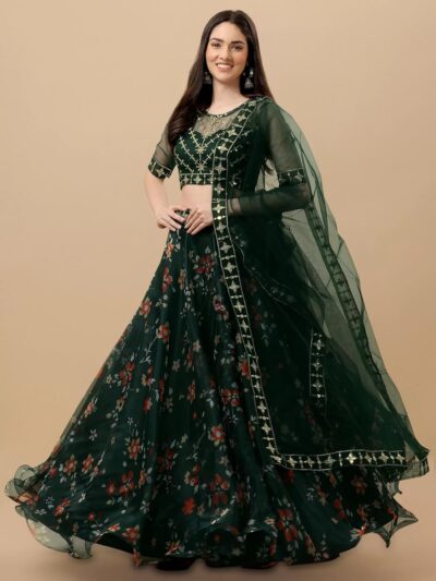 Suppar Sleave Women's Ethnic Wear Floral Digital Printed Organza zari Sequin Work Semi-Stitched Lehenga Choli With Dupatta - Image 4