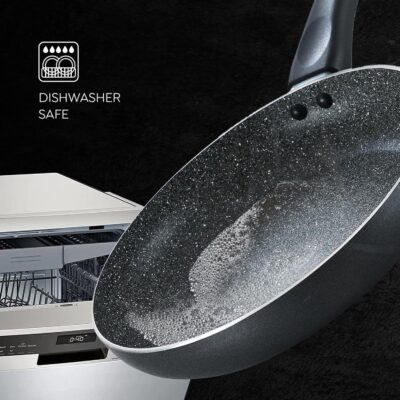 Prestige Omega Deluxe Granite Aluminium 3 Pcs Set- Tawa, Fry Pan & Kadai with 1 Glass Lid|Non-Stick|Spatter-Coated Surface|Induction & Gas Compatible|Black - Image 8