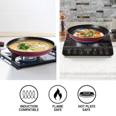 Milton Pro Cook Kitchen Jewel Set of 5, Peach (Fry pan 24 cm/1.6 litres; Kadhai 24 cm/2.5 litres with Glass lid; Tawa 25 cm) | Induction | Hot Plate | Flame Safe - Image 3