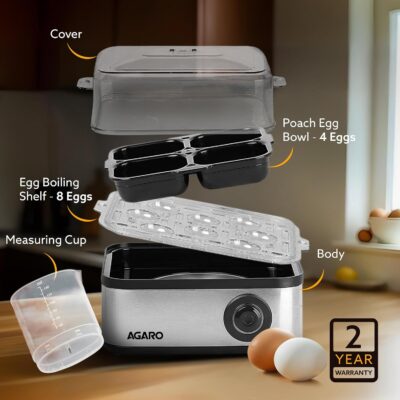 AGARO Grand Egg Boiler and Poacher,2-in1 Boils 8 Eggs, Poach 4 Eggs, Steamed Vegetables, 3 Boiling Modes, Stainless Steel Body, Transparent Lid, 500 Watts, Silver |14 Ounces(414 ml) - Image 7