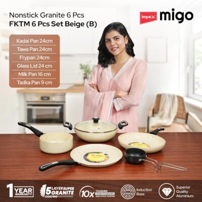Impex 6 Pcs Nonstick Granite Cookware Set | 3 mm Thickness | Induction Bottom Cookware Set, Nonstick Cookware Set of Frypan, Kadai Pan, Tawa Pan, Tadka Pan and Milk Pan | 1 Year Warranty - Image 2