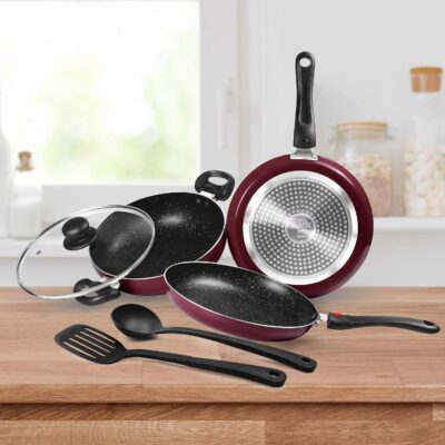 Milton Pro Cook Kitchen Jewel Set of 5, Peach (Fry pan 24 cm/1.6 litres; Kadhai 24 cm/2.5 litres with Glass lid; Tawa 25 cm) | Induction | Hot Plate | Flame Safe - Image 6