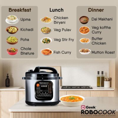 Geek Robocook Zeta 11-in-1 Automatic Electric Pressure Cooker 6 L | 1 Year Warranty | 13 Indian Preset Menu, Instant Electric Cooker Pot, Multipurpose Electric Rice Cooker (Stainless Steel, 6 Litre) - Image 4