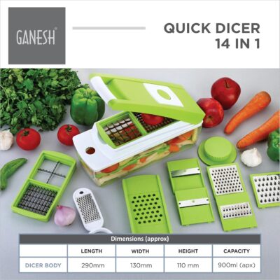 Ganesh 14 in 1 Multipurpose Chopper, Fruits & Vegetable Cutters, Grater Peeler Chipser, Unbreakable Food Grade Body, Easy Push to Clean Button Slicer Dicer, Chopper for Kitchen (Green, Plastic) - Image 5