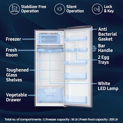 Samsung 223 L, 3 Star Inverter Direct-Cool Single Door Refrigerator (RR24C2723S8/NL, Silver, Elegant Inox) - Image 3