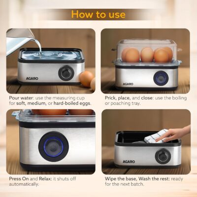 AGARO Grand Egg Boiler and Poacher,2-in1 Boils 8 Eggs, Poach 4 Eggs, Steamed Vegetables, 3 Boiling Modes, Stainless Steel Body, Transparent Lid, 500 Watts, Silver |14 Ounces(414 ml) - Image 6