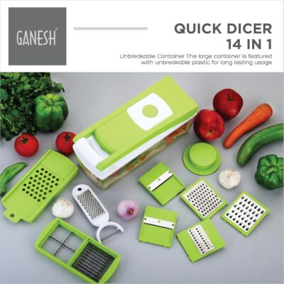 Ganesh 14 in 1 Multipurpose Chopper, Fruits & Vegetable Cutters, Grater Peeler Chipser, Unbreakable Food Grade Body, Easy Push to Clean Button Slicer Dicer, Chopper for Kitchen (Green, Plastic) - Image 7