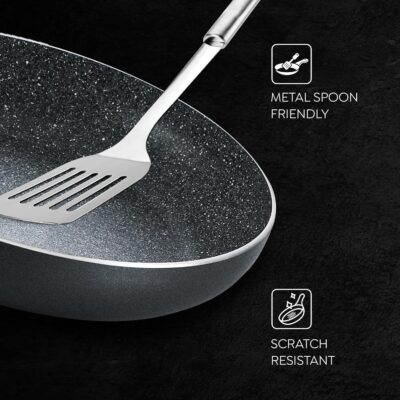 Prestige Omega Deluxe Granite Aluminium 3 Pcs Set- Tawa, Fry Pan & Kadai with 1 Glass Lid|Non-Stick|Spatter-Coated Surface|Induction & Gas Compatible|Black - Image 5