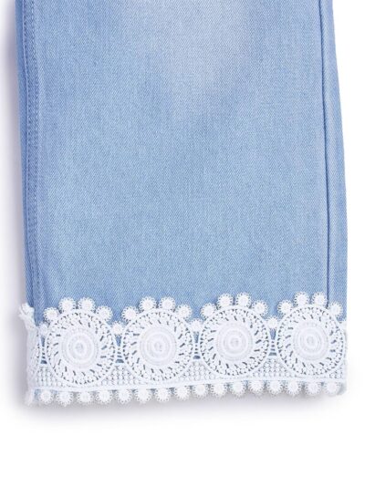Knit N Knot Girls' Kids Light Blue Wide Leg Flared Fit Relaxed Loose high Rise Jeans with Attached Embroidered Floral Lace Bottom | Casual Festival Occassional wear | Non Stretch |Adjustable Waist - Image 4