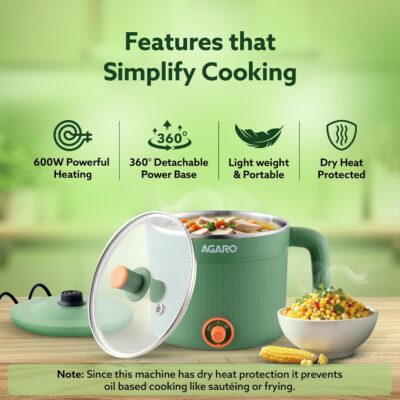 AGARO Regency Multi Cook Kettle With Steamer, 1.2L Inner Pot, Double Layered Body, Variable Temperature Settings, Wide Mouth, Boiling, Steaming, Tea, Coffee, Egg, Vegetable Boiling, 600W, Sea Green - Image 4