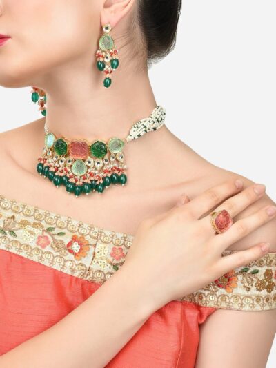 ZAVERI PEARLS Multicolor Stones & Beads Multistrand Beaded Kundan Choker Necklace Earring & Ring Set For Women-ZPFK15095 - Image 3
