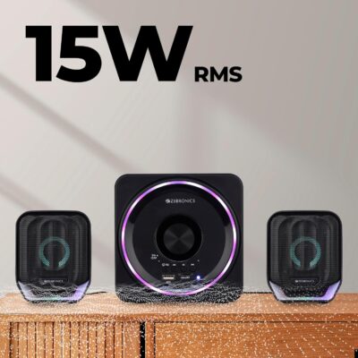 ZEBRONICS Pluto 2-2.1 Channel Desktop Speaker with 15 watts Output, Bluetooth 5.0, USB, mSD, FM, 3.5mm Jack Line Input, Inbuilt Volume Control, USB Powered, RGB Lights - Image 2