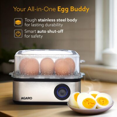 AGARO Grand Egg Boiler and Poacher,2-in1 Boils 8 Eggs, Poach 4 Eggs, Steamed Vegetables, 3 Boiling Modes, Stainless Steel Body, Transparent Lid, 500 Watts, Silver |14 Ounces(414 ml) - Image 2