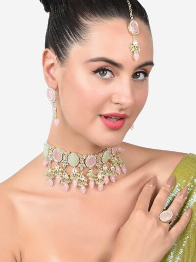 ZAVERI PEARLS Pink Green Stones Beads Kundan Necklace Earring Ring & Maangtikka Set For Women-ZPFK15376 - Image 2