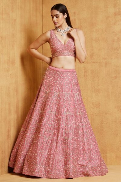 JIHU CULTURE Women's Pink Malai Silk Semi-Stitched Lehenga Choli Set With Sequins Embroidered Work - Image 3