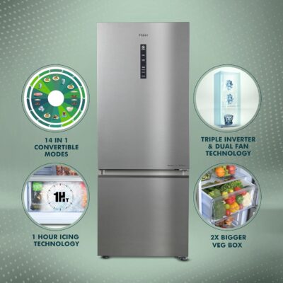 Haier 325 L, 3 Star, Convertible 14-in-1 Triple Inverter & Fan Motor Technology, with Display Frost Free Double Door Bottom Mount Refrigerator (HEB-333DS-P, Dazzle Steel) - Image 2