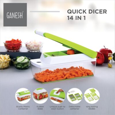 Ganesh 14 in 1 Multipurpose Chopper, Fruits & Vegetable Cutters, Grater Peeler Chipser, Unbreakable Food Grade Body, Easy Push to Clean Button Slicer Dicer, Chopper for Kitchen (Green, Plastic) - Image 2