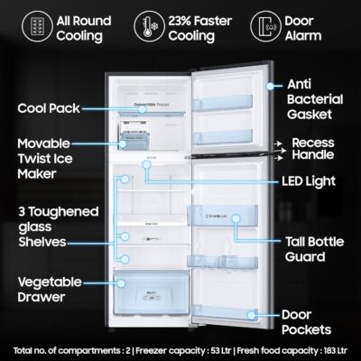 Samsung 236 L, 3 Star, Convertible, Digital Inverter with Display Frost Free Double Door Refrigerator (RT28C3733S8/HL, Silver, Elegant Inox) - Image 3