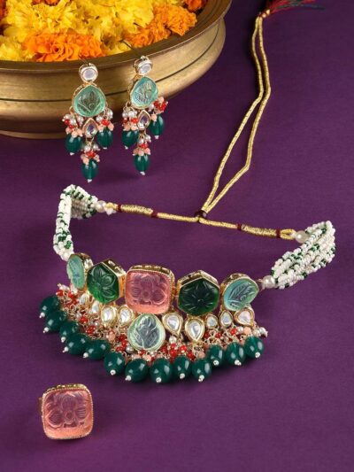 ZAVERI PEARLS Multicolor Stones & Beads Multistrand Beaded Kundan Choker Necklace Earring & Ring Set For Women-ZPFK15095 - Image 2