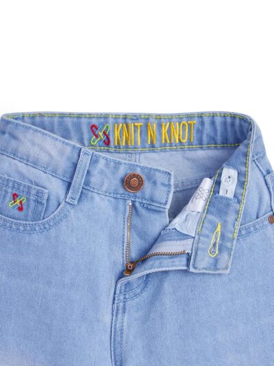Knit N Knot Girls' Kids Light Blue Wide Leg Flared Fit Relaxed Loose high Rise Jeans with Attached Embroidered Floral Lace Bottom | Casual Festival Occassional wear | Non Stretch |Adjustable Waist - Image 5