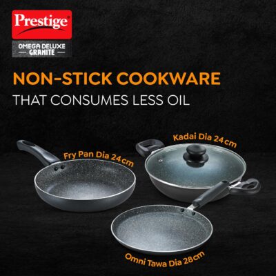 Prestige Omega Deluxe Granite Aluminium 3 Pcs Set- Tawa, Fry Pan & Kadai with 1 Glass Lid|Non-Stick|Spatter-Coated Surface|Induction & Gas Compatible|Black - Image 3