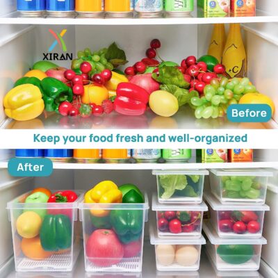 Xiran 6 Fridge Storage Boxes Fridge Organizer with Removable Drain Plate and Lid Stackable Fridge Storage Containers Plastic Freezer Storage Containers for Fish, Meat, Vegetables, Fruits(1500ML) - Image 6