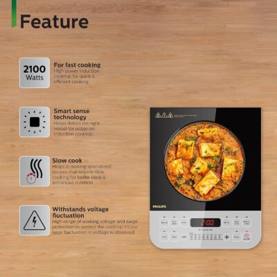 Philips Viva Collection HD4928/01 2100-Watt Induction Cooktop, Soft Touch Button with Crystal Glass (Black) - Image 2