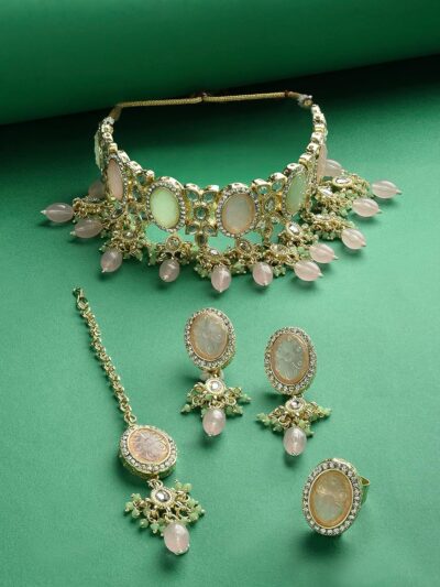 ZAVERI PEARLS Pink Green Stones Beads Kundan Necklace Earring Ring & Maangtikka Set For Women-ZPFK15376 - Image 3