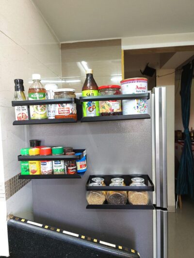 OrganizeMee Small Kitchen Storage Solution Magnetic Corner Shelf[25 X 12 Cm] - Wall Mount Spice Rack, Utensil Holder. Fridge, Washer, Microwave Organizer (Black Qty:1) - Alloy Steel - Image 4