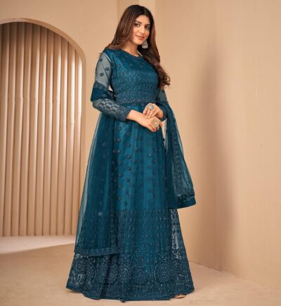 Divine International Trading Co Women's Net with Heavy Embroidery Work Long Anarkali Gown Lehenga Choli - Image 5