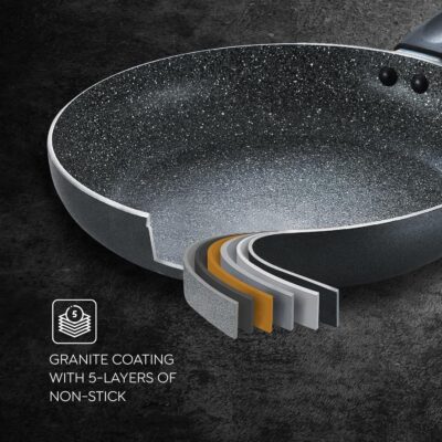 Prestige Omega Deluxe Granite Aluminium 3 Pcs Set- Tawa, Fry Pan & Kadai with 1 Glass Lid|Non-Stick|Spatter-Coated Surface|Induction & Gas Compatible|Black - Image 6
