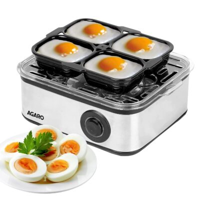 AGARO Grand Egg Boiler and Poacher,2-in1 Boils 8 Eggs, Poach 4 Eggs, Steamed Vegetables, 3 Boiling Modes, Stainless Steel Body, Transparent Lid, 500 Watts, Silver |14 Ounces(414 ml)