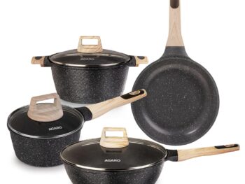 AGARO Imperial Granite Non Stick Cookware Set, 4pcs Cookware Set, 24cm Fry Pan & Casserole with Lid, 16cm Sauce pan with Lid, 28cm Deep Fry Pan with Lid, Cast Aluminium, Gas & Induction Compatible.