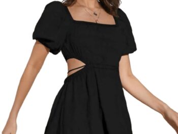Aahwan Solid Summer Beach Square Neck Puff Sleeve Cut Out Waist Mini Dress For Women's & Girls